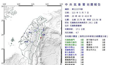 快訊／20:48地牛翻身！花蓮4.7極淺層地震 最大震度達4級