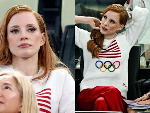 ... Shows Her Team USA Gymnastics Spirit in Ralph Lauren Knit at Paris Olympics With Daughter Giulietta and Son...