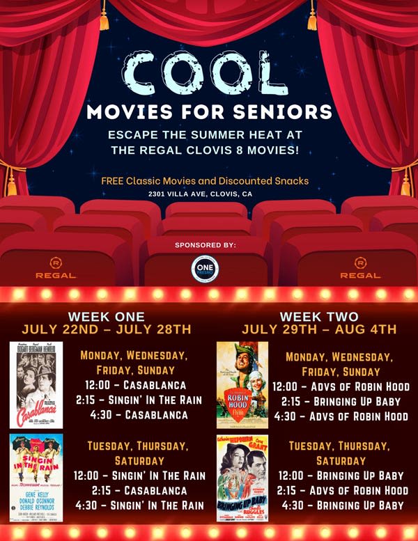 Beat the Heat and Enjoy a Blast from the Past with Free Movie Tickets for Senior Citizens in Clovis July 22 - August 4, 2024