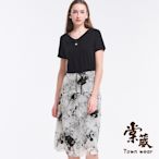 【TOWNWEAR棠葳】典雅花卉雪紡洋裝(中大尺碼/洋裝/裙子/短袖/拼接/鑽飾/抽繩/中長裙/清涼)