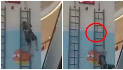 有片｜廣州商場攀岩項目出事 男童由高處跌落斷腳 安全繩疑斷開