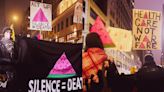 7 images of ACT UP NY taking to the streets at a queer Palestine rally saying ‘SILENCE=DEATH’