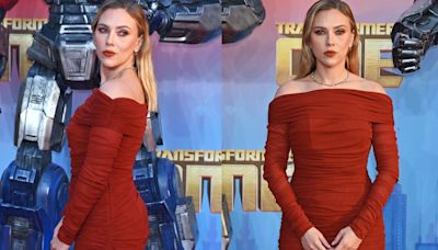 Scarlett Johansson Gives Old Hollywood Glamour Contemporary Edge in Red Saint Laurent Body-con Dress for ‘Transformers One...