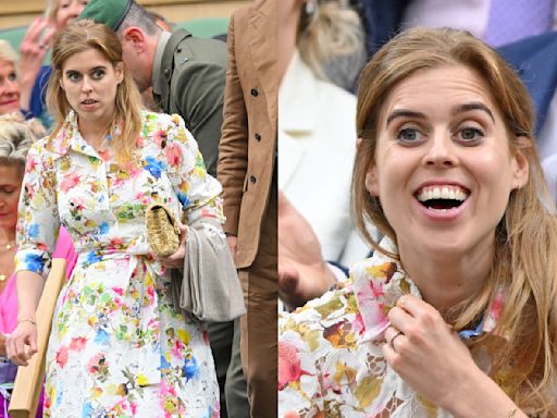 Princess Beatrice Favors Florals and Lace in Monique Lhuillier Shirtdress at 2024 Wimbledon With Husband Edoardo Mapelli Mozzi