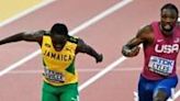 Jamaica's Oblique Seville, left, beat reigning world champion Noah Lyles of the United States, right, in the men's 100m final at the Racer Grand Prix meet in Jamaica