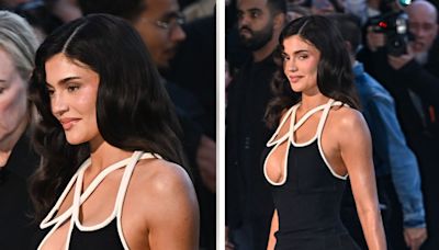 Kylie Jenner Channels Retro Pin-ups With a Contemporary Twist in Schiaparelli Crisscross Body-con Dress at Paris Fashion Week