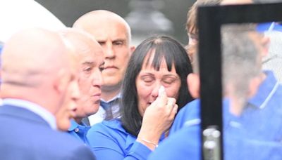 Jay Slater's mum Debbie Duncan wipes tears from eyes as she watches son's bright blue coffin arrive at chapel ahead of funeral