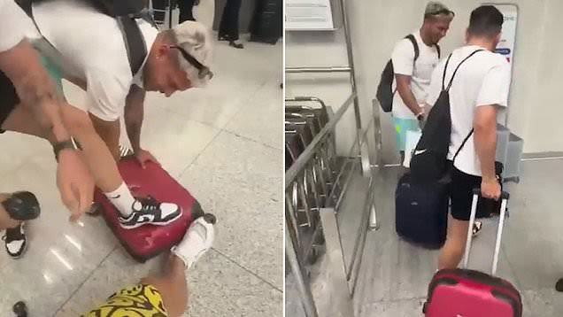 Traveller pulls off the wheels of his case to avoid baggage charges