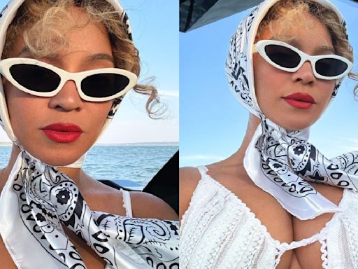 Beyonce brings retro flair to her vacation with white lace skater dress paired with scarf and cat eye sunglasses