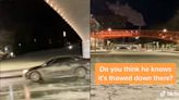 A group of ice skaters captured the moment a car drove across a frozen canal in Indianapolis before tumbling in: 'She had no idea she wasn't on a road'