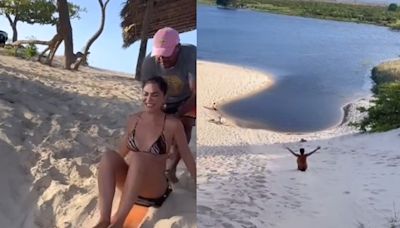 Juliana Paes faz 'esquibunda' na areia e se diverte com os filhos durante férias em praia no Ceará