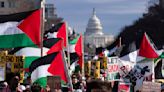 Hundreds of pro-Palestinian protesters rally in the rain in DC to mark a painful present and past