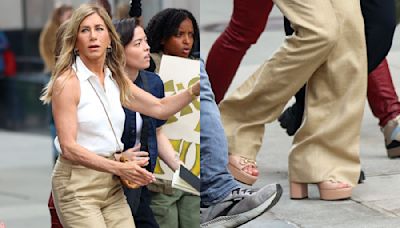 Jennifer Aniston Gets Into Character in Stylish Gucci Platform Sandals on the Set of ‘The Morning Show’