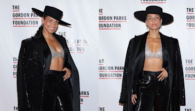 Alicia Keys Sparkles in Bedazzled Bralette and Sequined Pantsuit at Gordon Parks Foundation Gala With Swizz Beatz