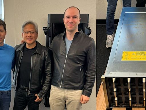 NVIDIA CEO Jensen Huang hand delivers the first DGX H200 AI GPU to Open AI's Sam Altman