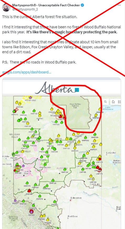 Posts falsely claim Alberta wildfires stop at national park