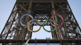 Olympic rings mounted on the Eiffel Tower