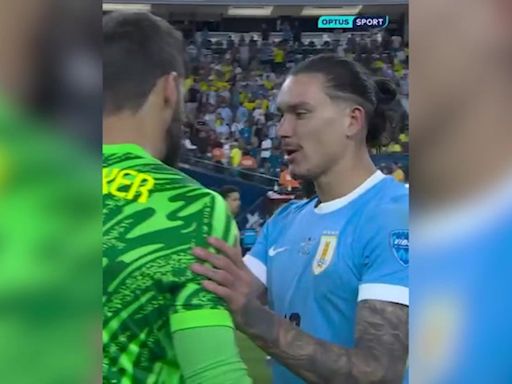 Darwin Nunez consoles Liverpool teammate Alisson after Uruguay knock Brazil out of Copa America