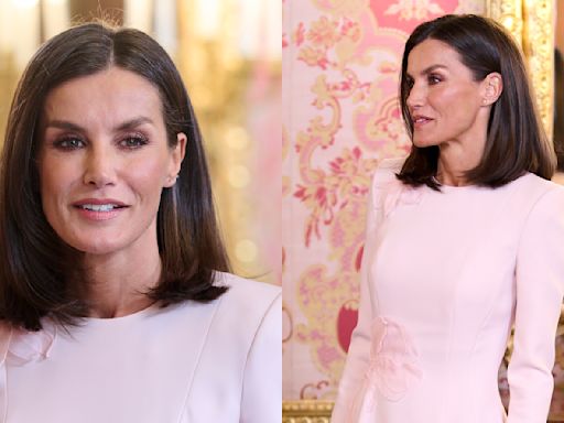 Queen Letizia of Spain Goes for Sharp Shoulders in Pink Midi Dress With Floral Appliqués for Palace Luncheon