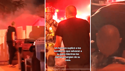 Hombre llora desesperadamente y suplica a bomberos que salven a su gato de incendio en su casa