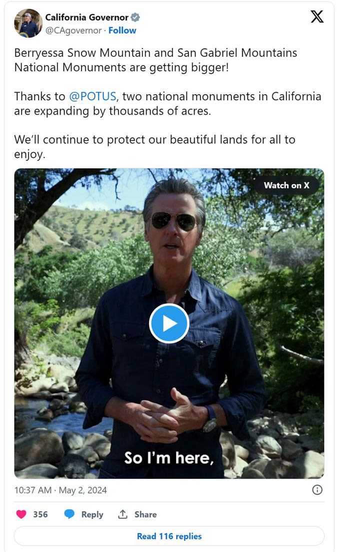 Governor Gavin Newsom Says National Monument Expansions...San Gabriel Mountains Bring California Closer to Conservation Milestone...