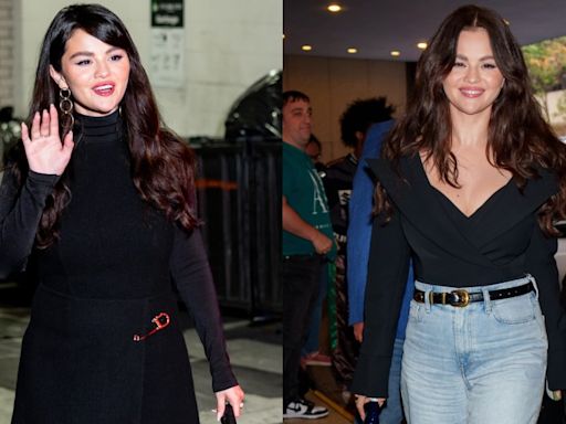 Selena Gomez Pops With Safety Pin Brooch and Little Black Prada Dress, Elevates Denim With Accessories for ‘Emilia Perez...