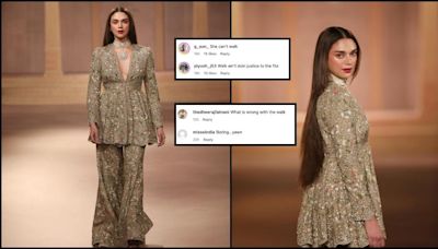 'Worse walk, looks uncomfortable': Aditi Rao Hydari wears deep neck golden sharara for ICW ramp walk [Reactions]