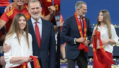 Princess Sofia of Spain Favors Patriotic Suiting in National Flag Colors at 2024 Euro Final Match Alongside King Felipe VI, Prince...