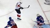 Igor Shesterkin of the New York Rangers allows a goal by Anton Lundell of the Florida Panthers in the Panthers' victory in game five of the NHL Eastern Conference final