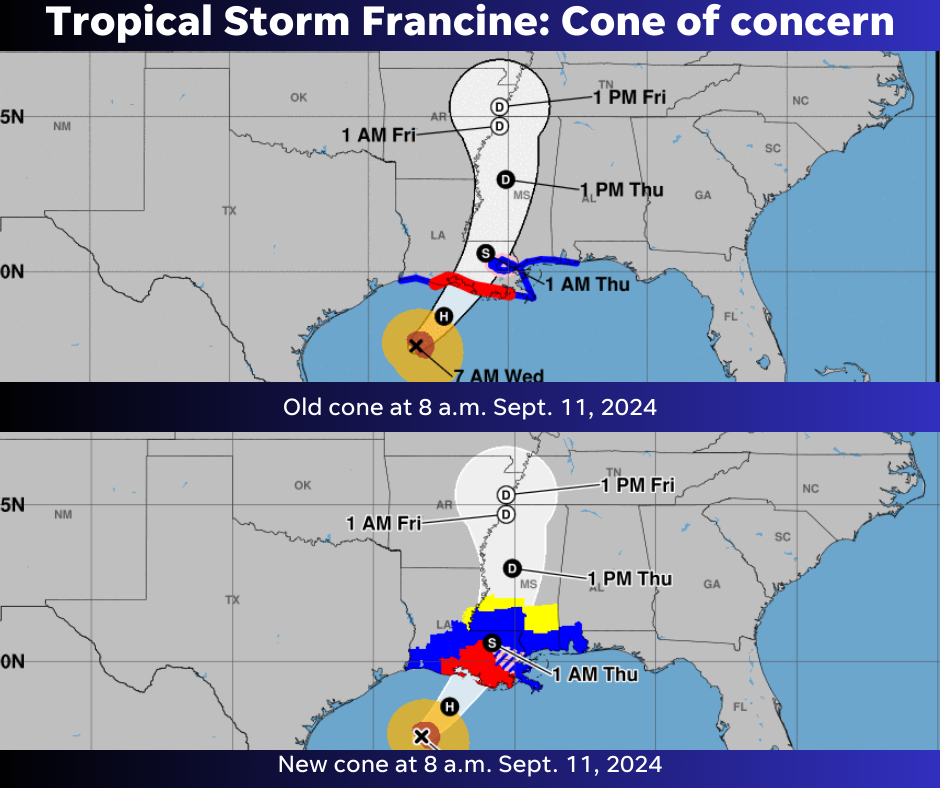 As Hurricane Francine approaches landfall, differences between new, old cone of concern clear