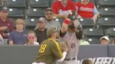 Minor-league baseball player tries to draw a basketball foul before being tagged out
