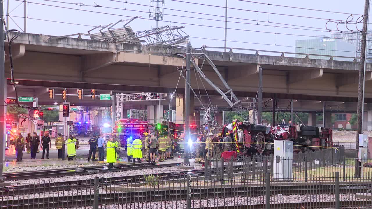 4 Dallas firefighters injured after engine hydroplanes, falls off bridge