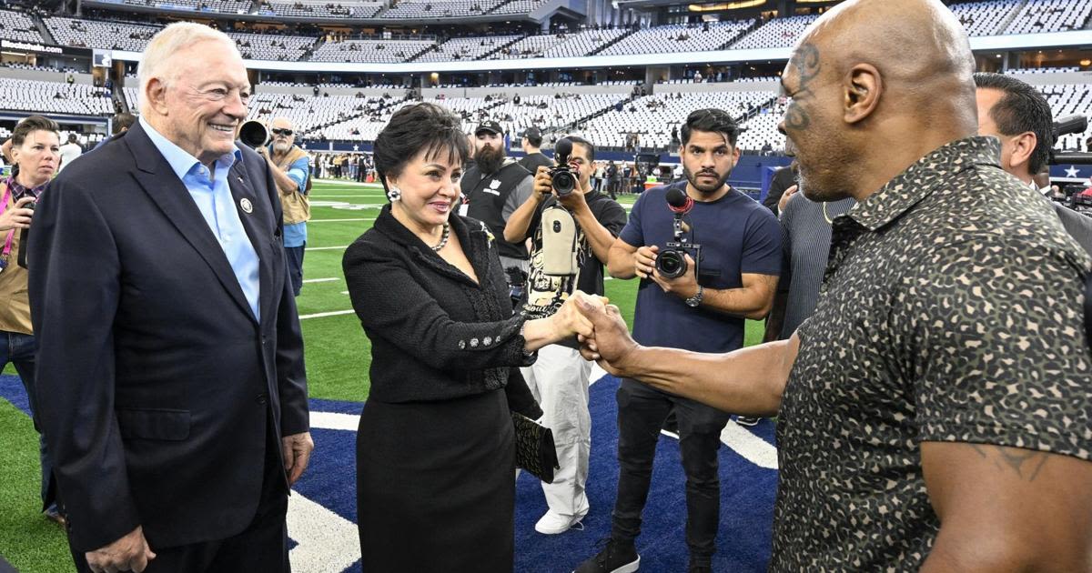 Saints owner Gayle Benson huddled with Tom Brady and Mike Tyson before the Cowboys game