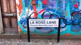 Large 'Black Boy Lane' poster erected behind new La Rosa sign