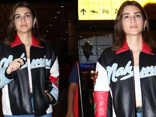 Kriti Sanon embraces biker girl aesthetic with multicoloured leather jacket priced at Rs 2.08 lakh paired with flared denim jeans