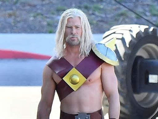 Chris Hemsworth flexes muscular form as sword-wielding Barbarian filming Clash of Clans commercial in LA with Christina Ricci, Ken Jeong, and more