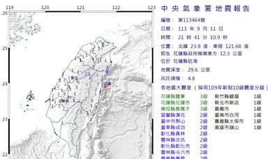 21:41 地震 花蓮規模4.8 最大震度3級