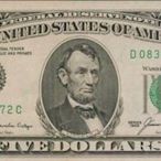 [亞瑟小舖]1985年美國總統林肯 5 Dollars美金(綠徽)1張,全新無折!!!