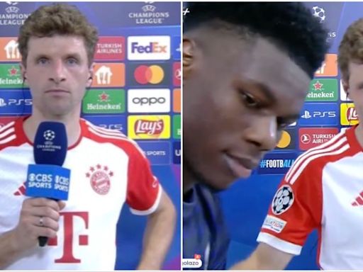 Thomas Muller's reaction when Tchouameni crashed his interview after Bayern 2-2 Real was gold