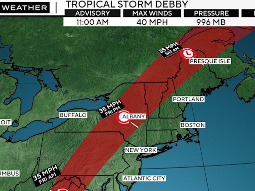 Debby's storm path is now west of Massachusetts. Here's the latest timeline and rainfall forecast.