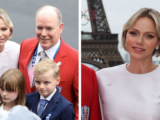 Princess Charlene of Monaco Celebrates in Louis Vuitton Jumpsuit at Paris Olympics 2024 Opening Ceremony With Prince Albert and Their Twins