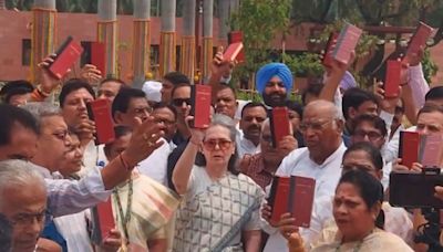 INDIA bloc leaders protest in Parl with Constitution copies in hands