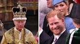 Photos from the coronation show a relaxed Prince Harry and a serious King Charles
