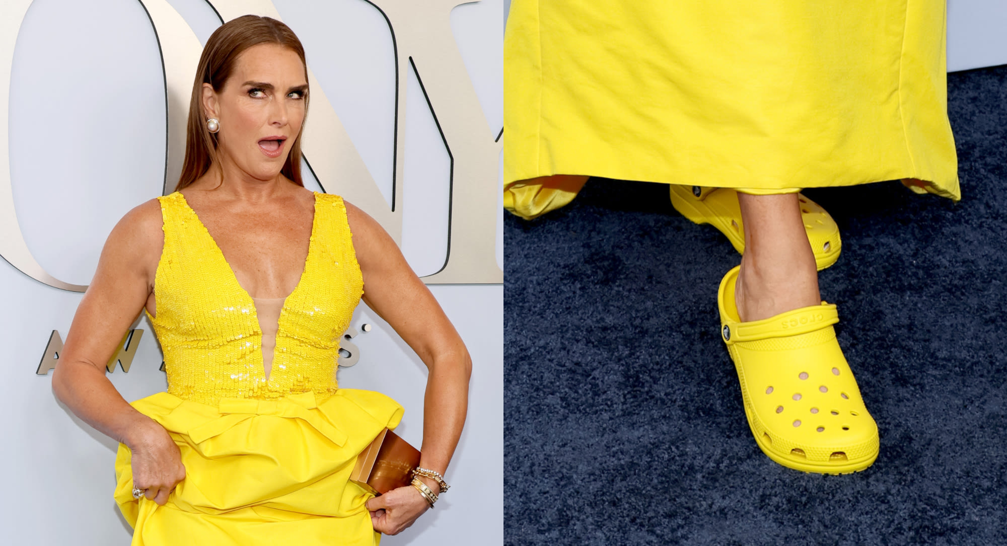 Brooke Shields Makes a Statement in Yellow Crocs on Tony Awards 2024 Red Carpet