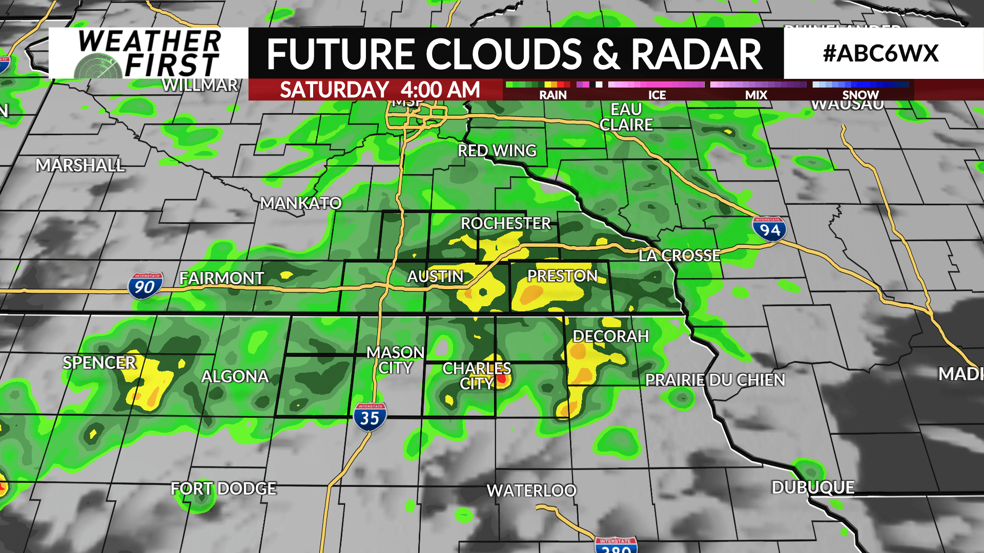 Saturday: Rain everywhere early, isolated showers and clearing later