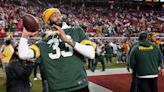 Los Angeles Lakers star Anthony Davis on hand to support the Packers in San Francisco, wears Aaron Jones jersey