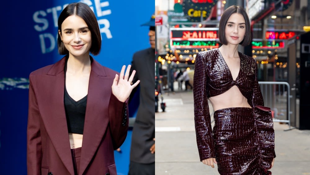 Lily Collins Favors Bordeaux Hues in Nina Ricci for ‘Good Morning America’ and ‘The View,’ Talks ‘Emily in Paris’