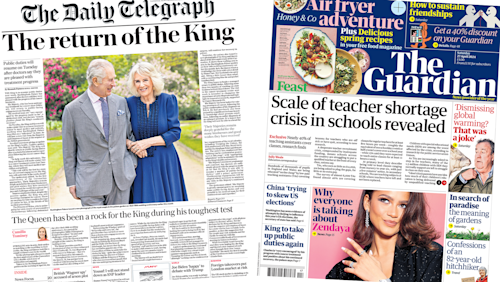 Newspaper headlines: 'Return of the King' and 'teacher shortage crisis'