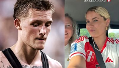 Con la camiseta peruana, la novia de Oliver Sonne lo alentó desde la tribuna en su partido como titular ante Argentina