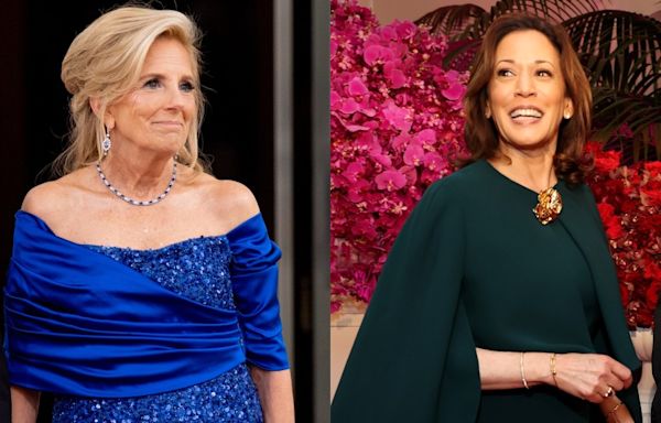 Jill Biden Dazzles in Sapphire Sergio Hudson Dress, Kamala Harris Dons Chloé Cape and More at White House State Dinner...